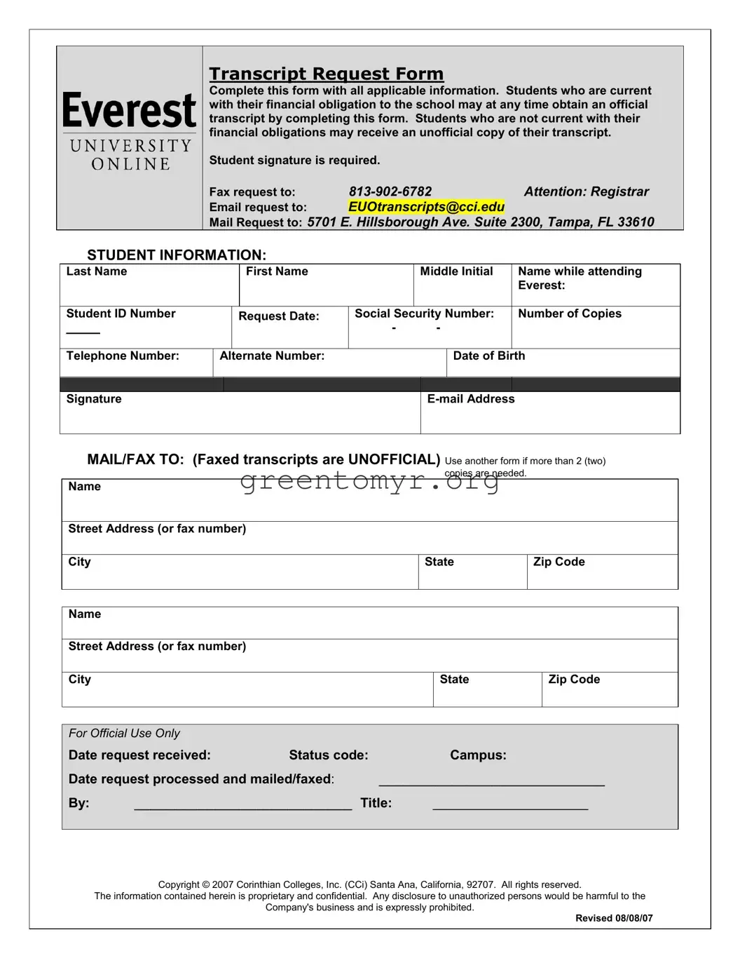 Fill in a Valid Everest University Transcript Template