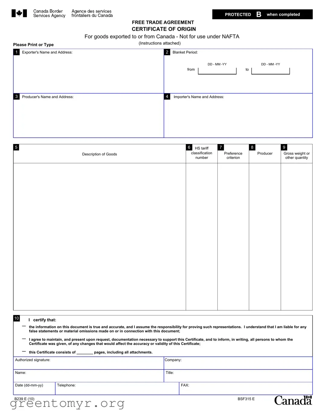 Fill in a Valid Nafta Certificate Of Origin Canada Template