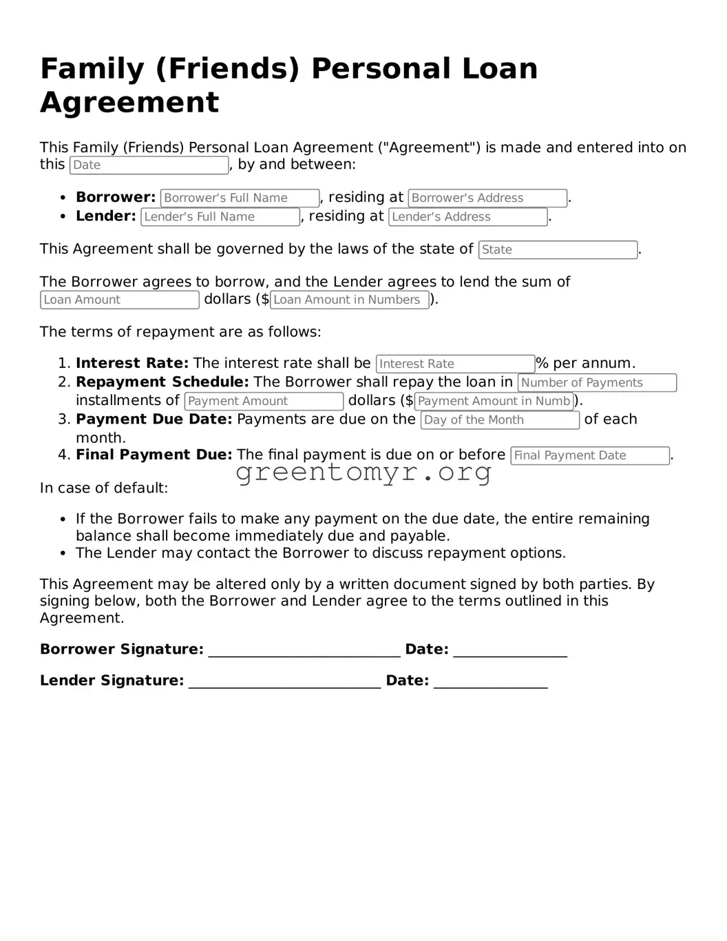 Valid Family (Friends) Personal Loan Agreement Form