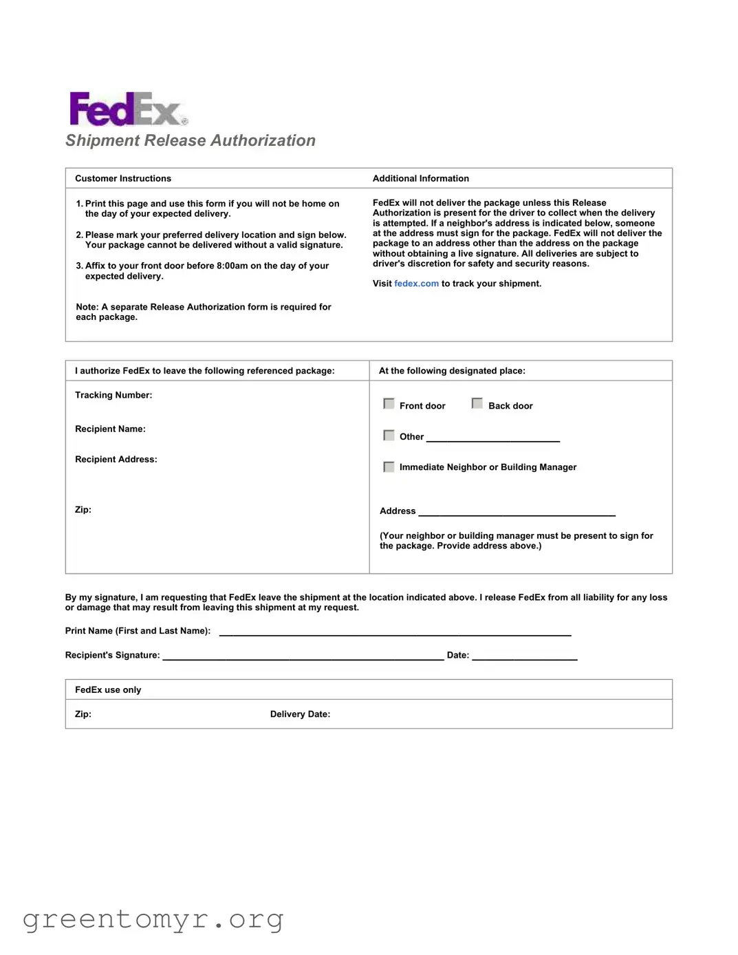 Fill in a Valid Fedex Release Template