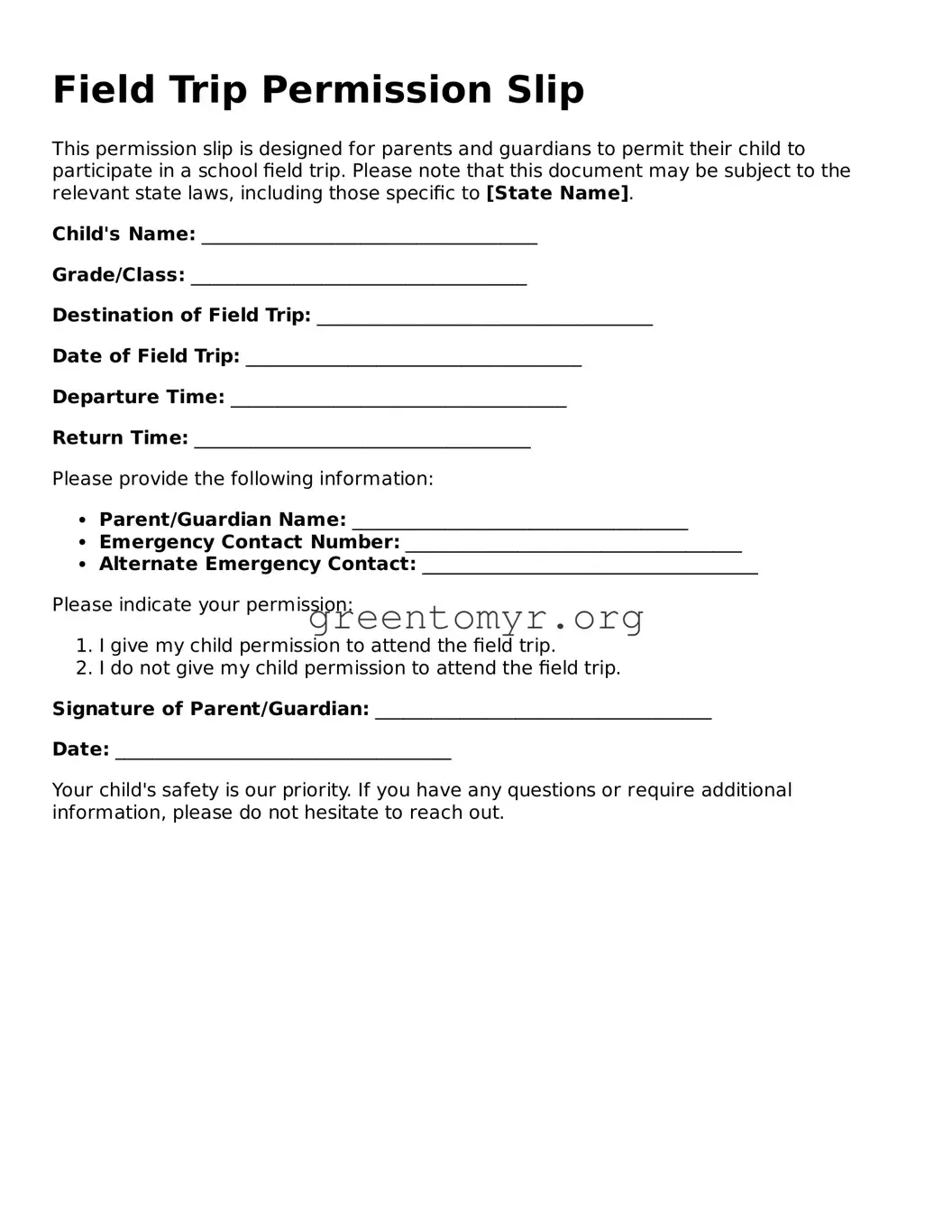 Valid Field Trip Permission Slip Form