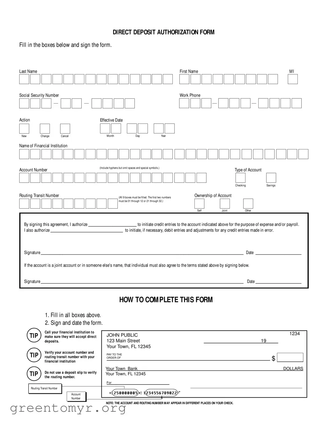 Fill in a Valid Generic Direct Deposit Template