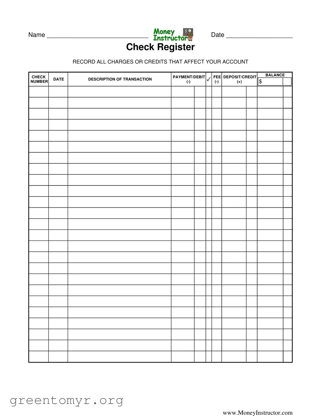 Fill in a Valid Money Instructor Check Register Template