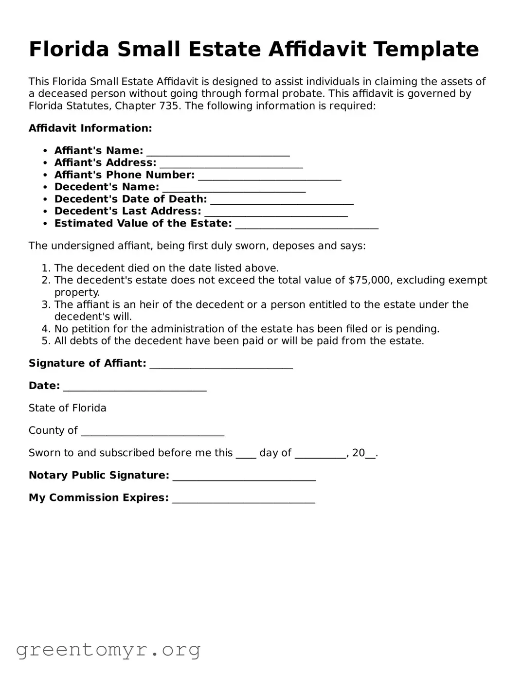 Small Estate Affidavit Form for the State of Florida