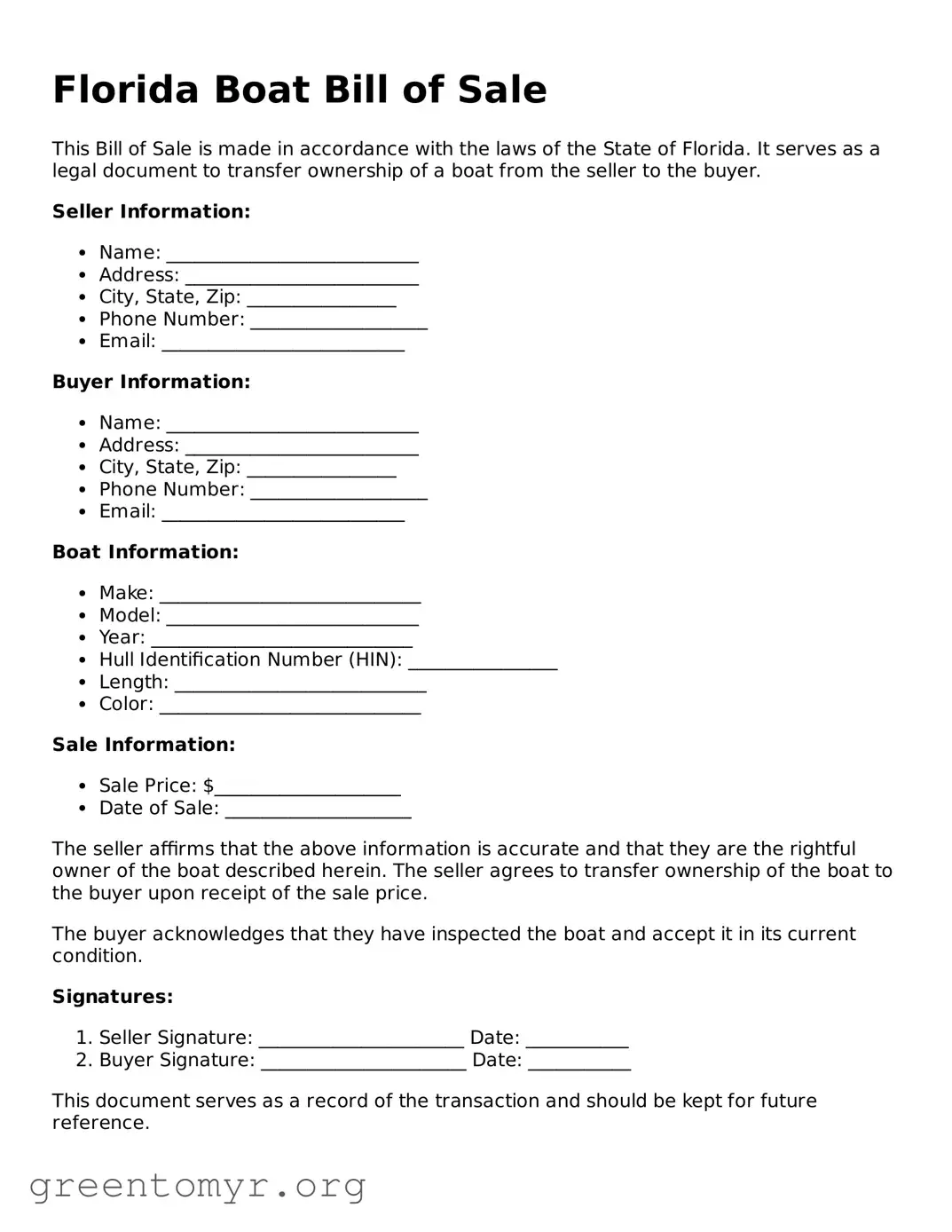 Boat Bill of Sale Form for the State of Florida