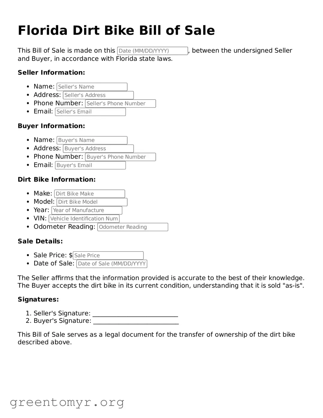 Dirt Bike Bill of Sale Form for the State of Florida