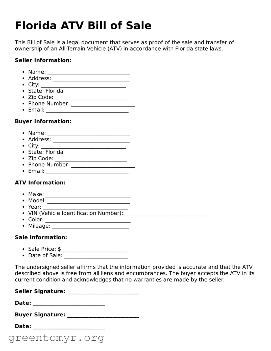 ATV Bill of Sale Form for the State of Florida