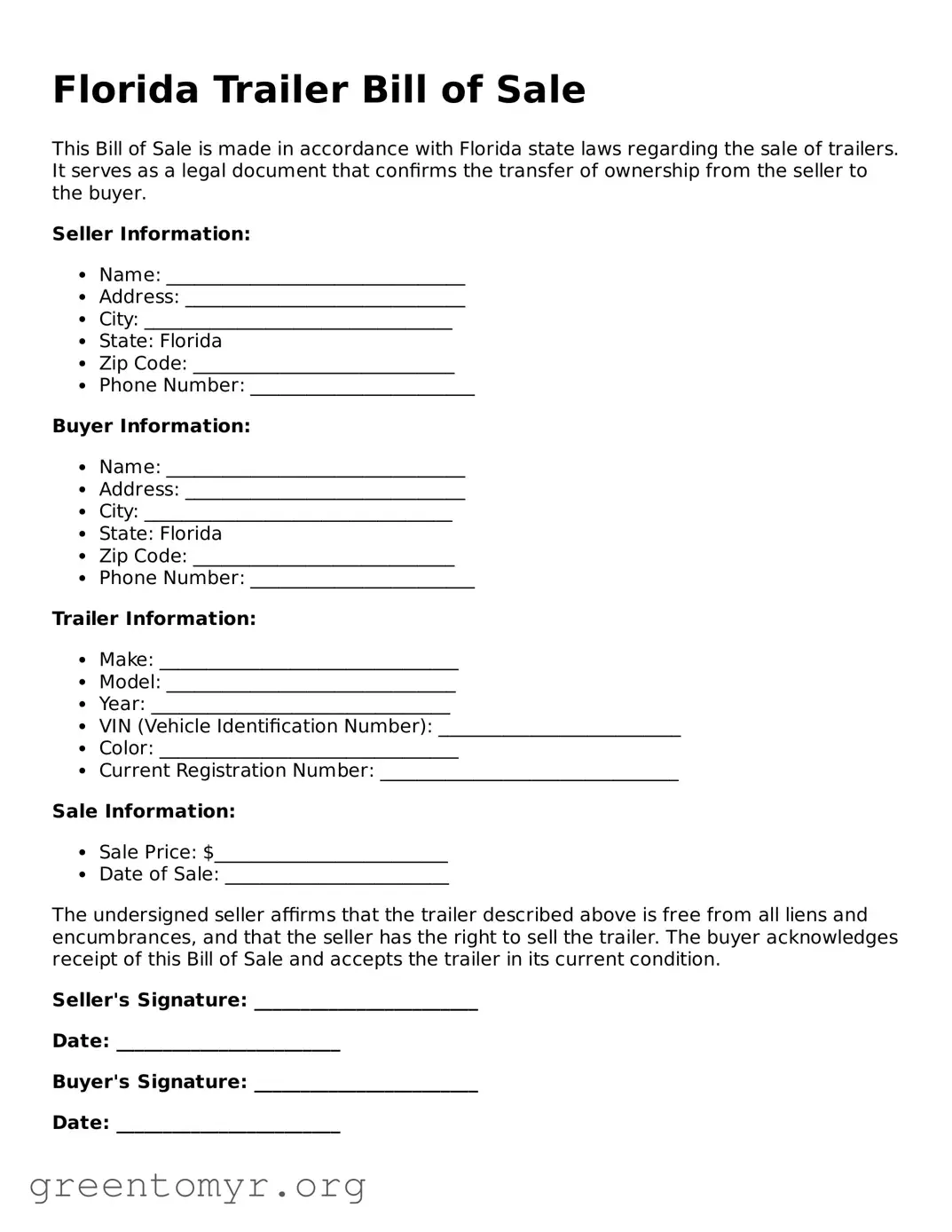 Trailer Bill of Sale Form for the State of Florida