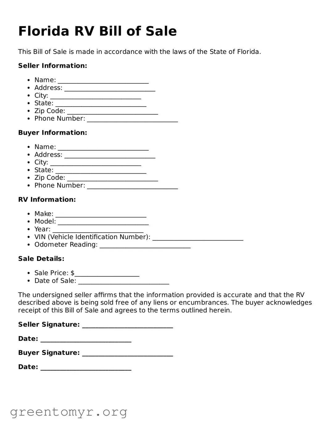 RV Bill of Sale Form for the State of Florida