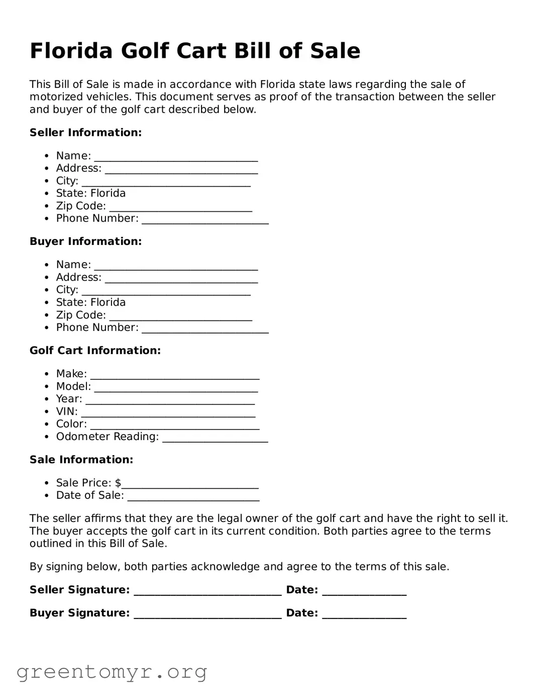 Golf Cart Bill of Sale Form for the State of Florida