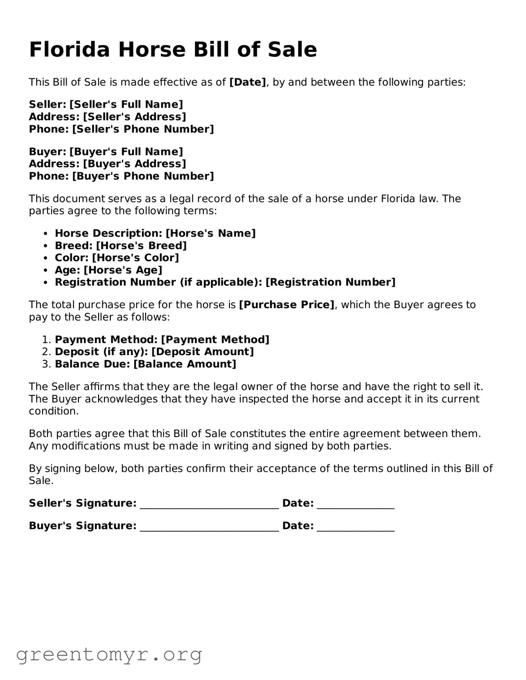Horse Bill of Sale Form for the State of Florida