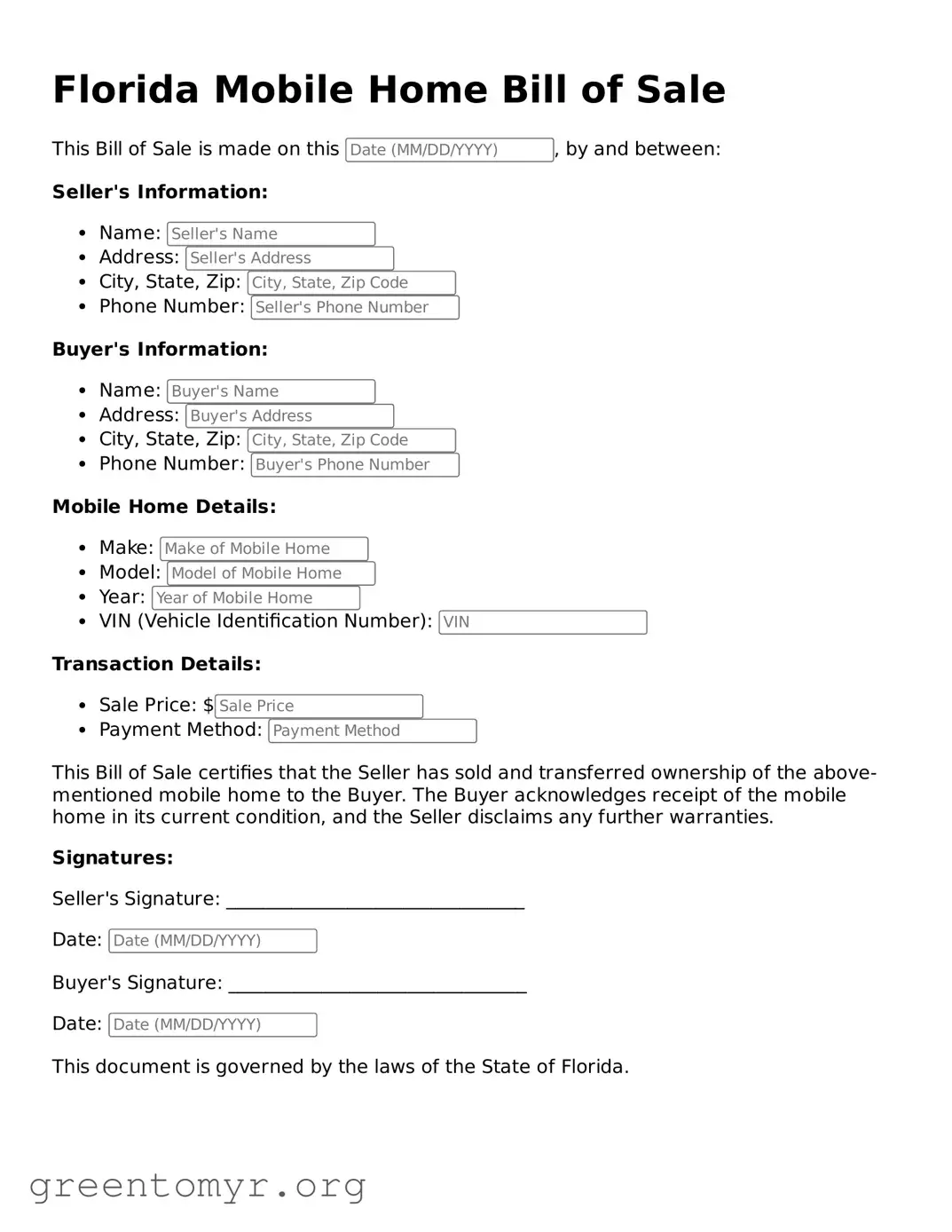 Mobile Home Bill of Sale Form for the State of Florida