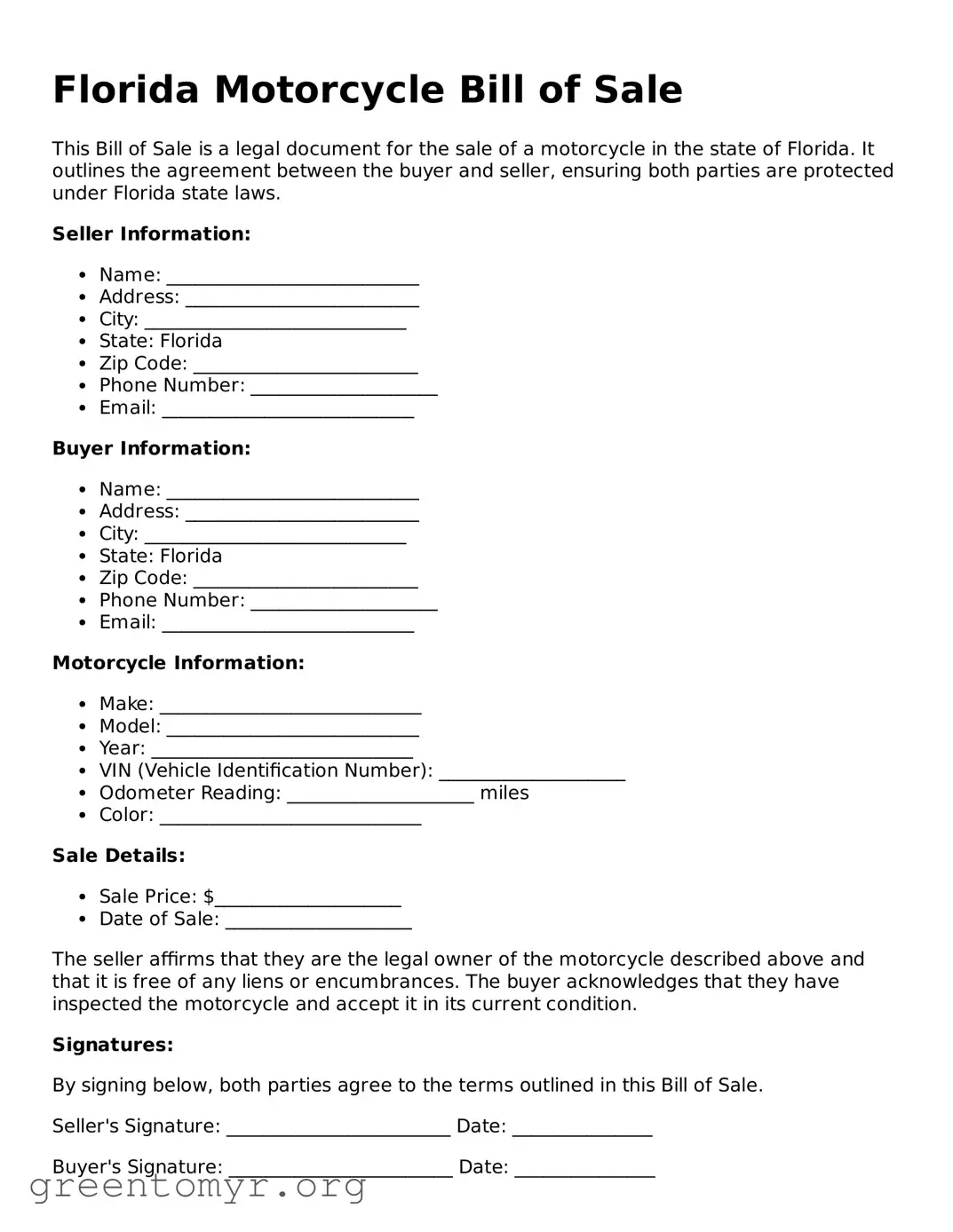 Motorcycle Bill of Sale Form for the State of Florida