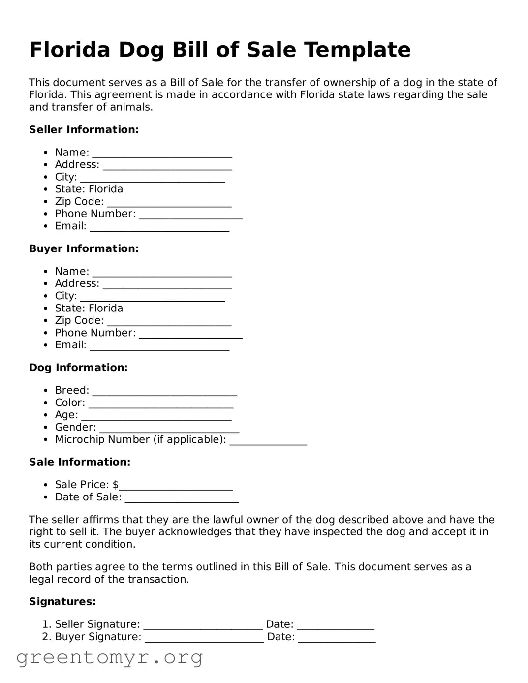 Dog Bill of Sale Form for the State of Florida