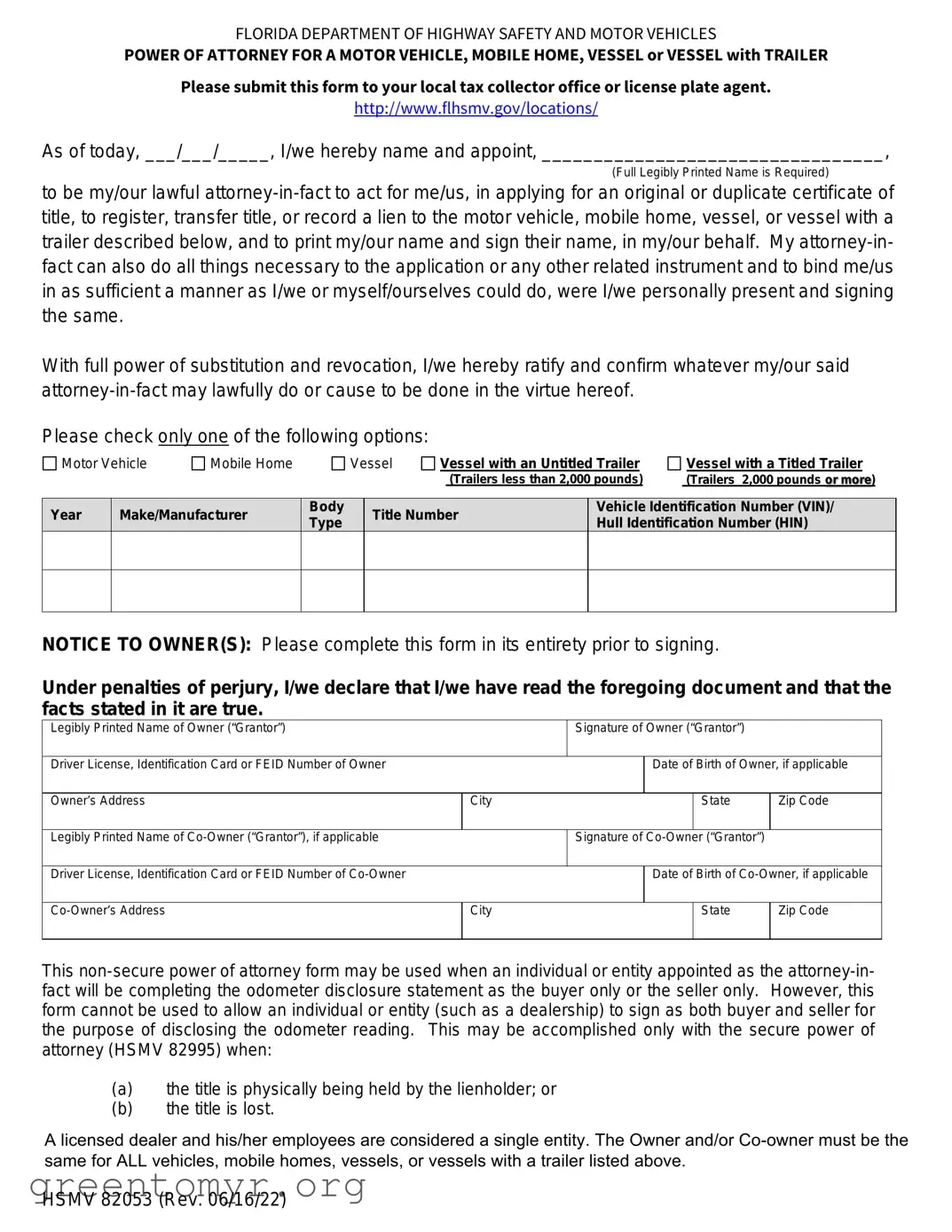 Fill in a Valid Florida Vehicle POA form 82053 Template