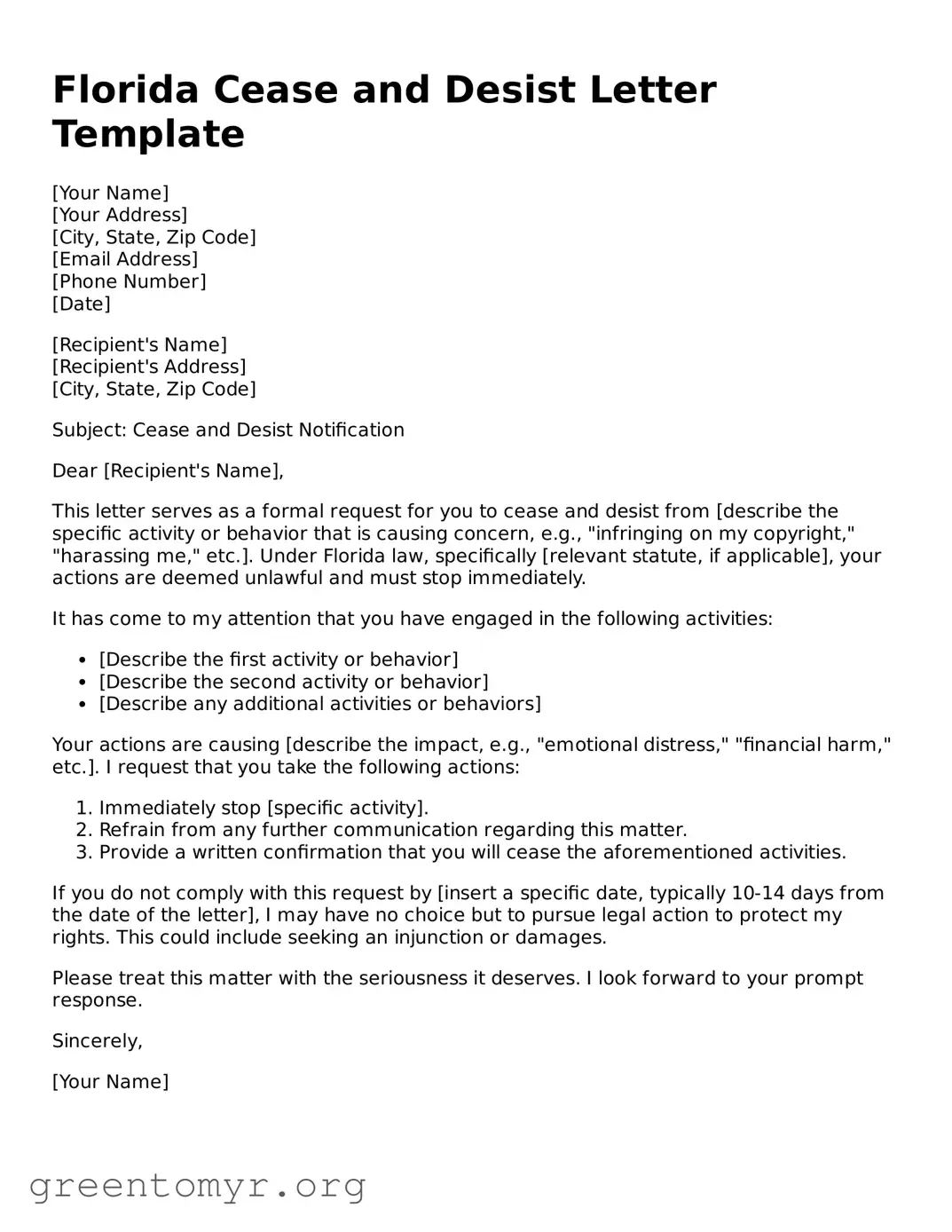 Cease and Desist Letter Form for the State of Florida