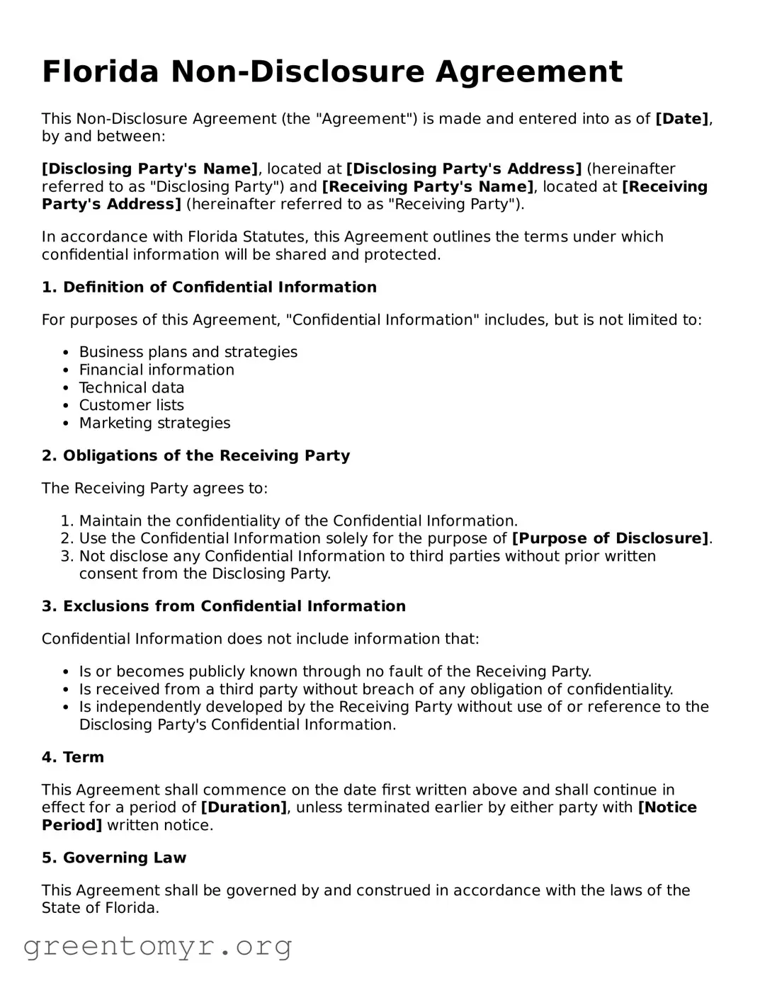 Non-disclosure Agreement Form for the State of Florida