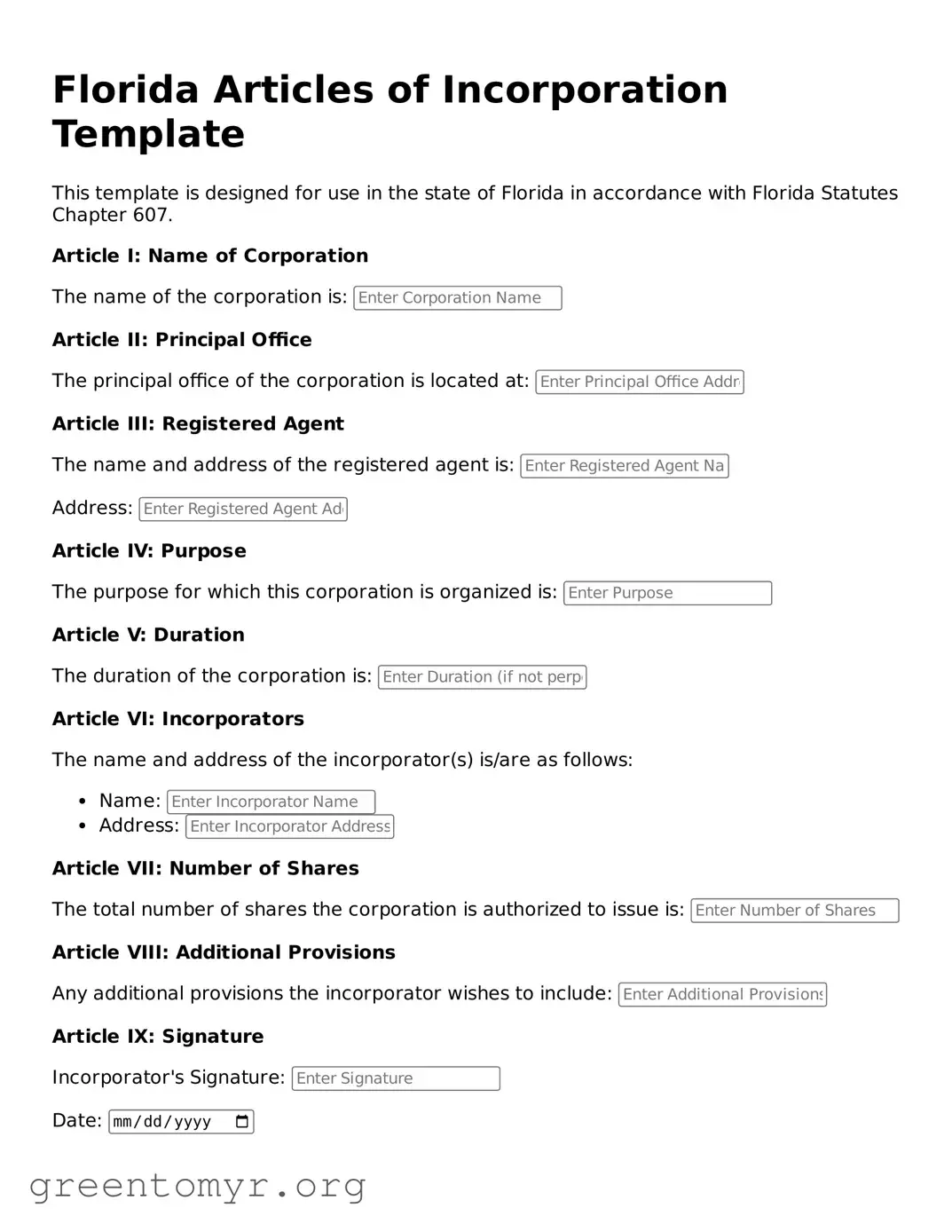 Articles of Incorporation Form for the State of Florida