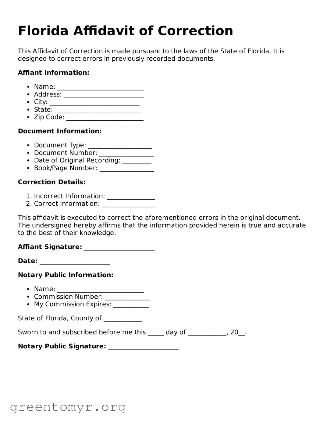 Affidavit of Correction Form for the State of Florida