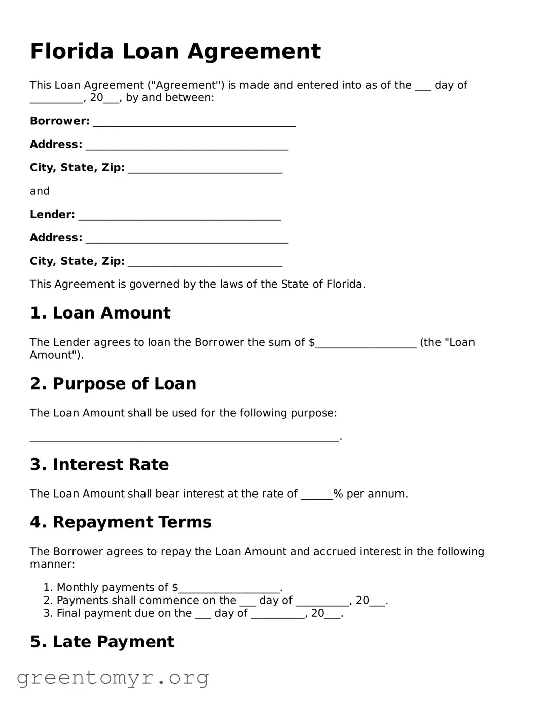 Loan Agreement Form for the State of Florida