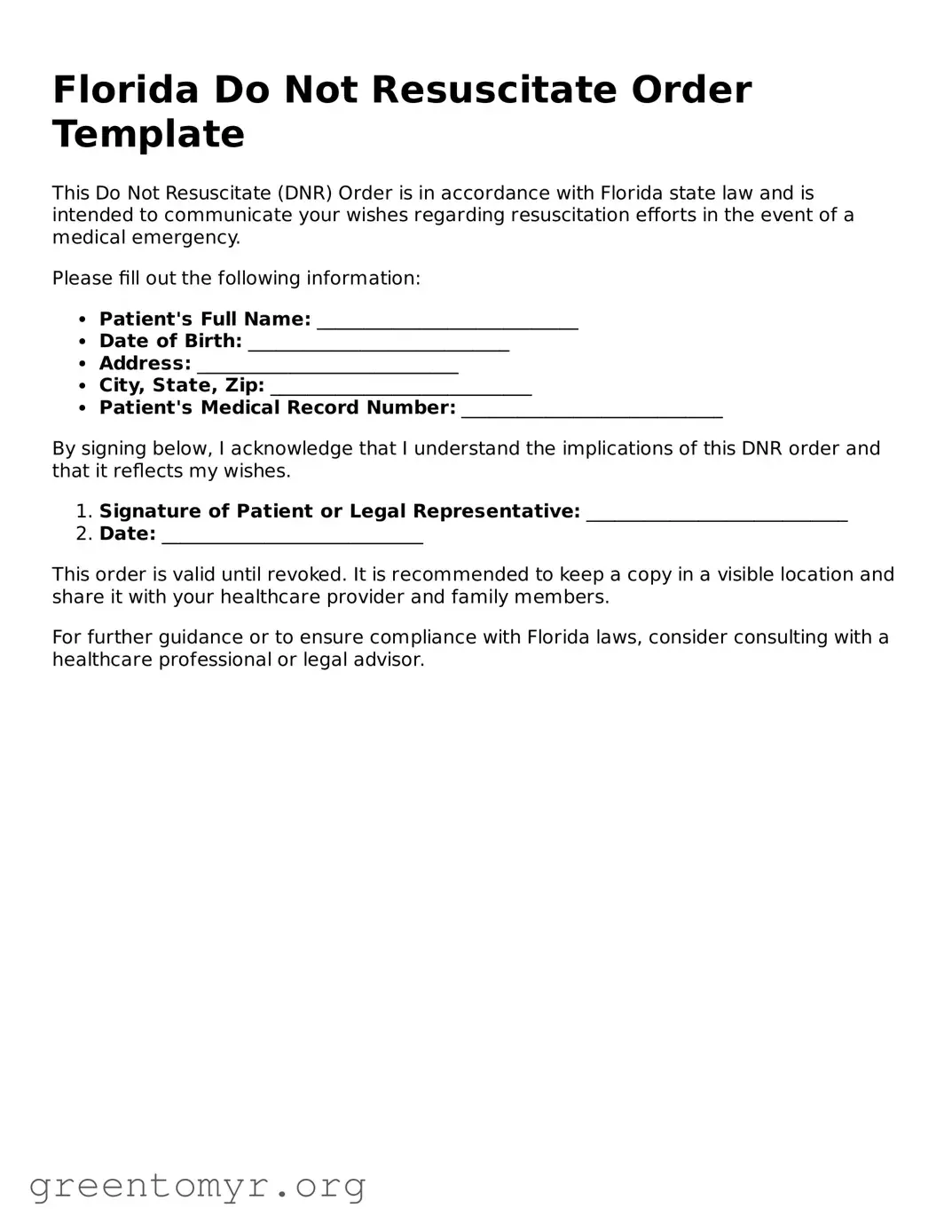 Do Not Resuscitate Order Form for the State of Florida