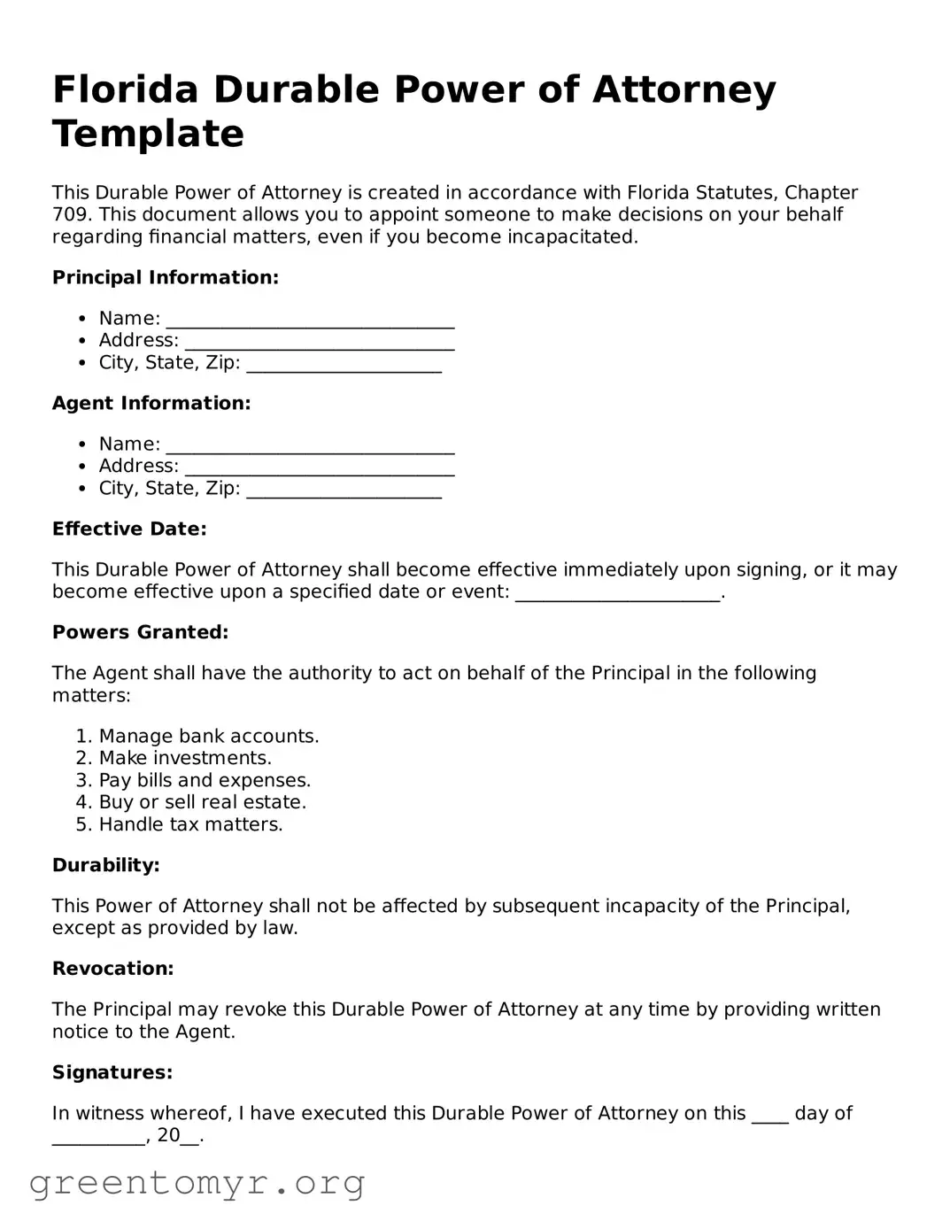 Durable Power of Attorney Form for the State of Florida