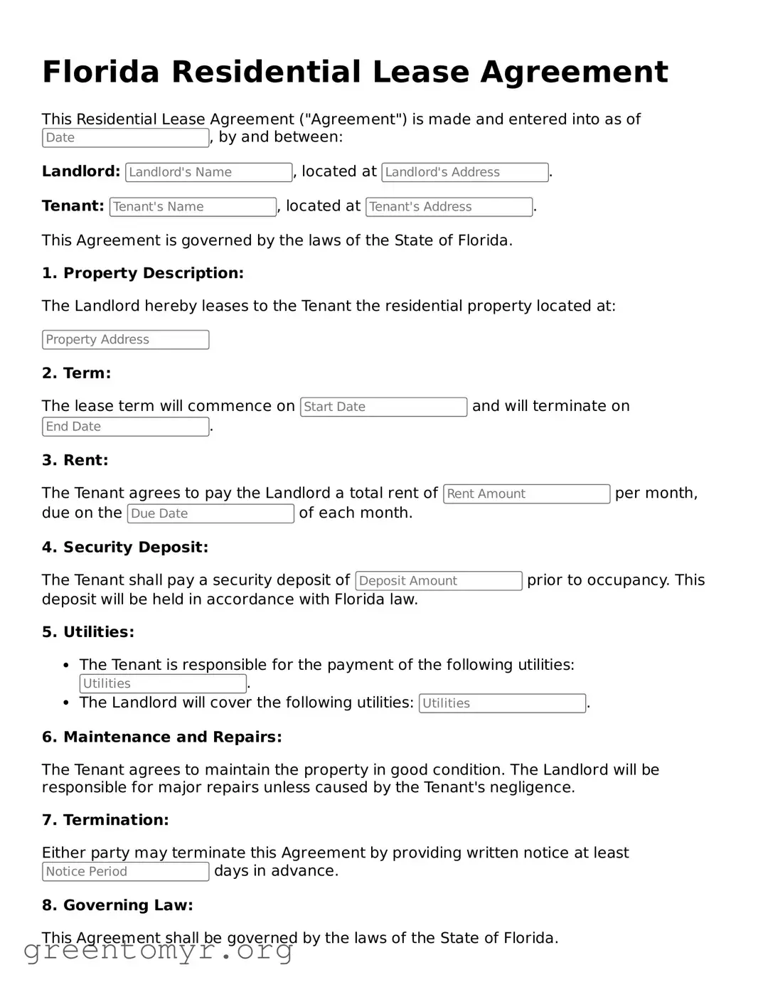 Residential Lease Agreement Form for the State of Florida
