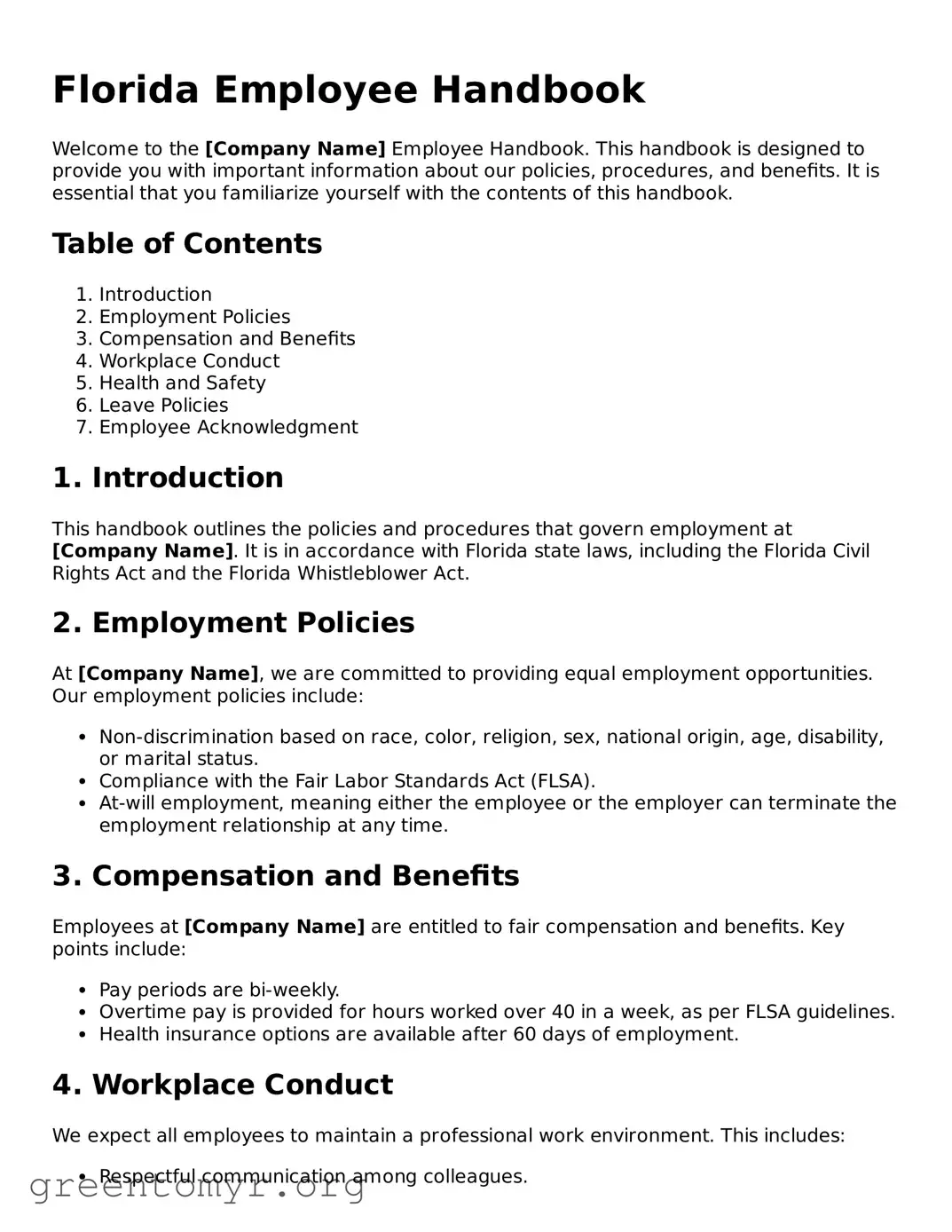 Employee Handbook Form for the State of Florida