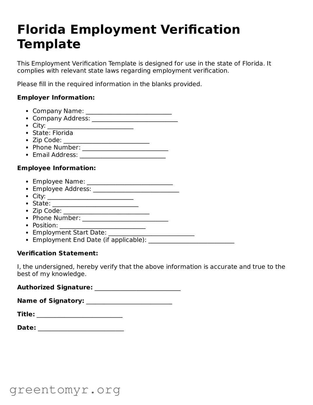 Employment Verification Form for the State of Florida