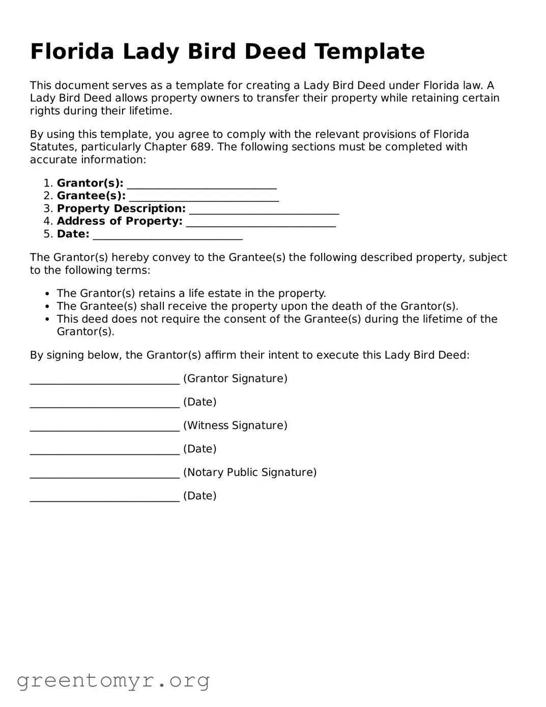 Lady Bird Deed Form for the State of Florida