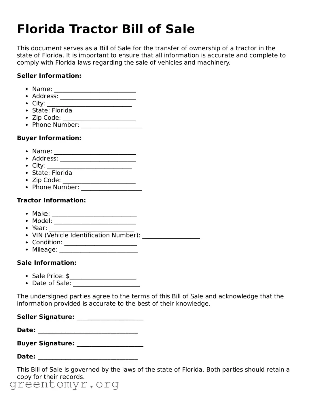 Tractor Bill of Sale Form for the State of Florida