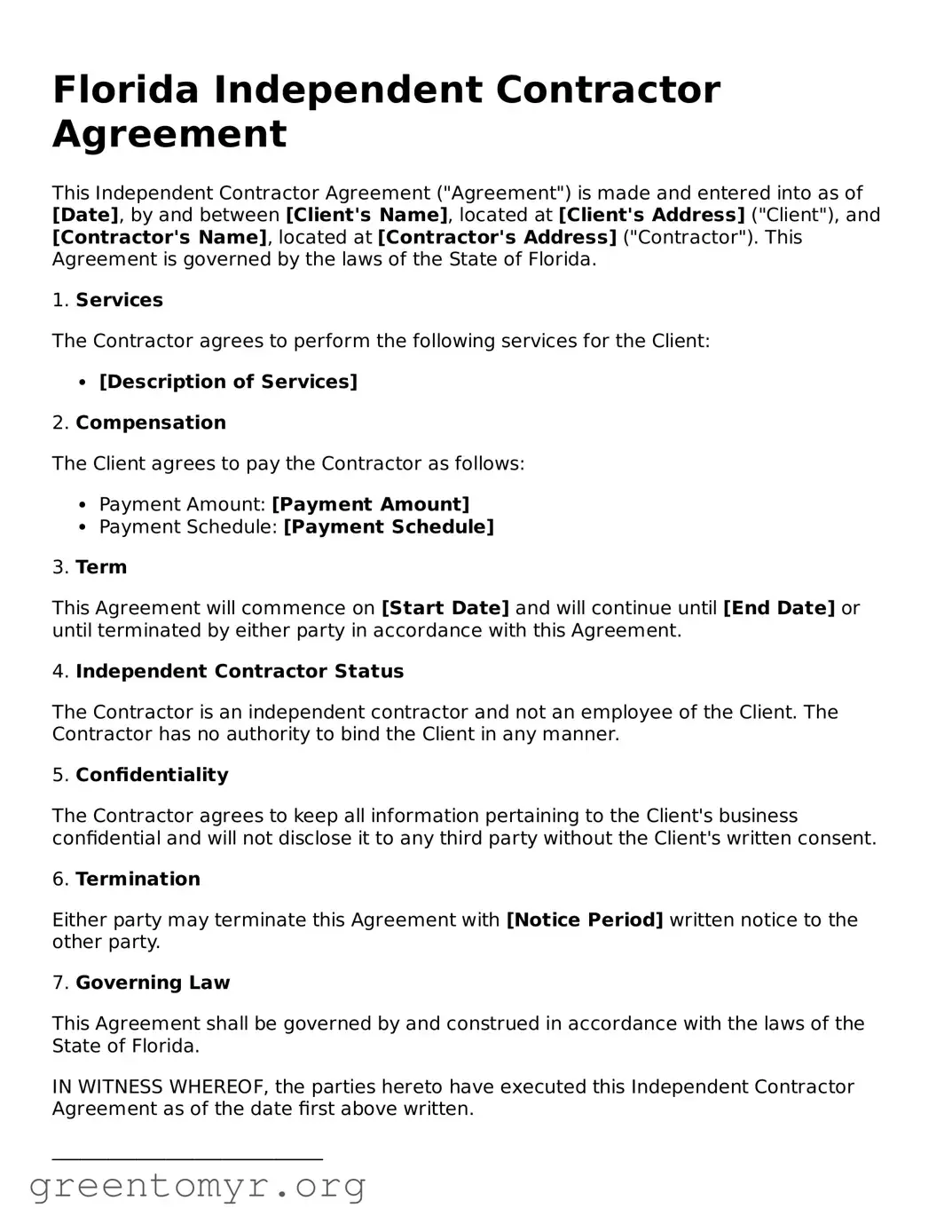 Independent Contractor Agreement Form for the State of Florida