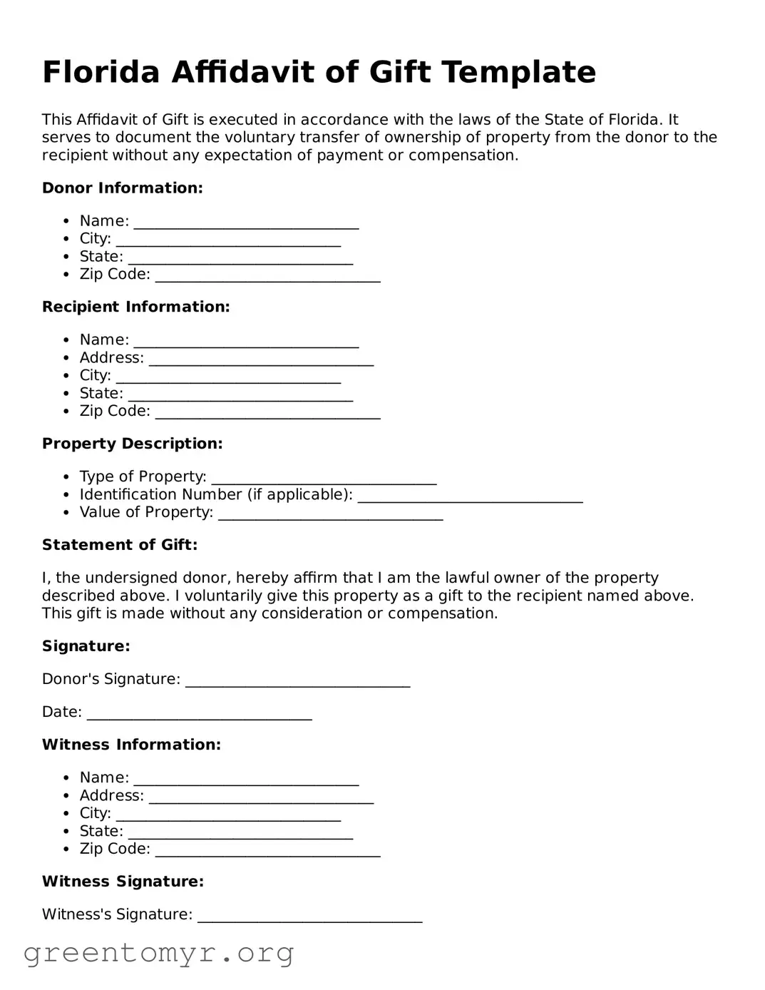 Affidavit of Gift Form for the State of Florida