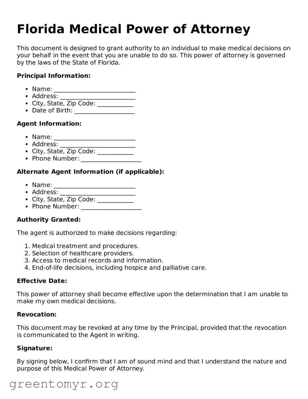 Medical Power of Attorney Form for the State of Florida