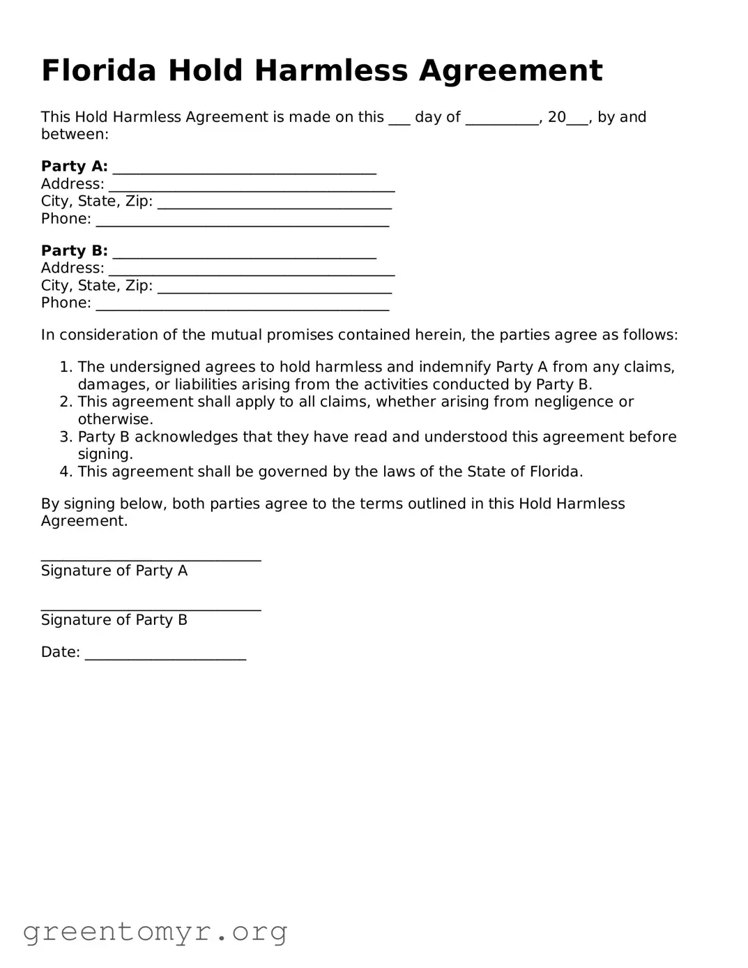 Hold Harmless Agreement Form for the State of Florida