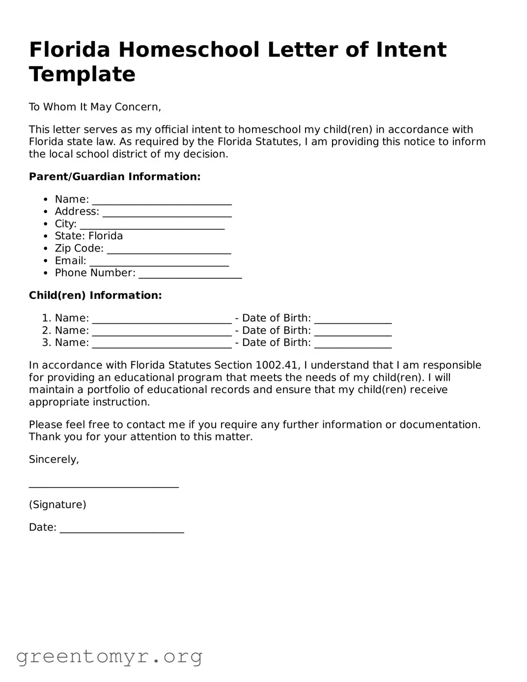 Homeschool Letter of Intent Form for the State of Florida