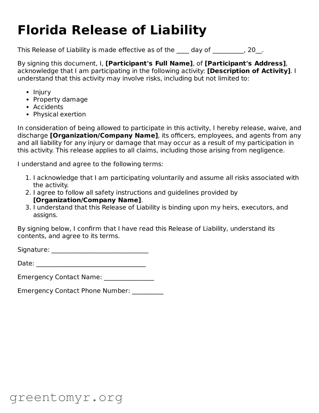 Release of Liability Form for the State of Florida