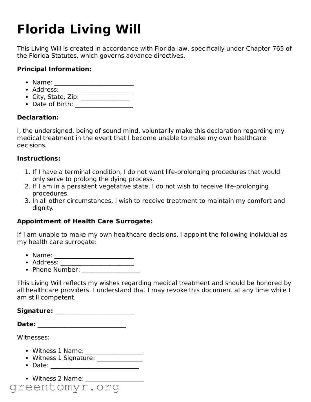 Living Will Form for the State of Florida