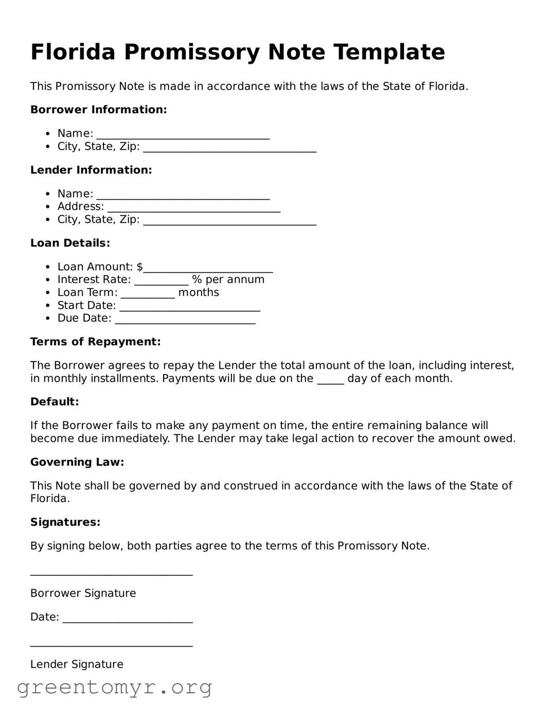 Promissory Note Form for the State of Florida