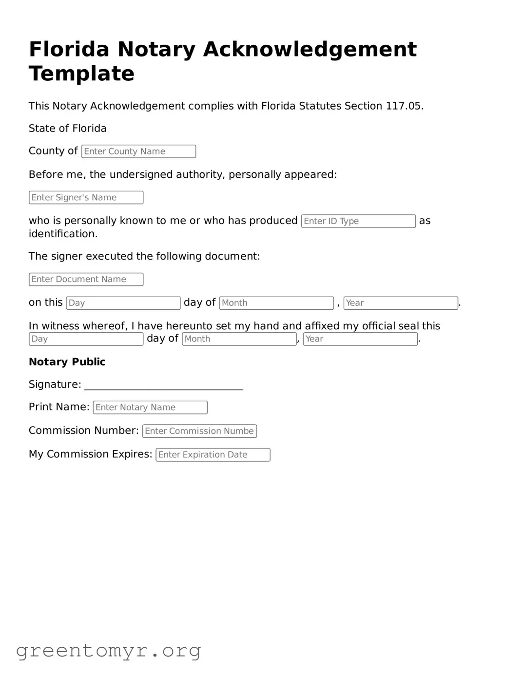 Notary Acknowledgement Form for the State of Florida