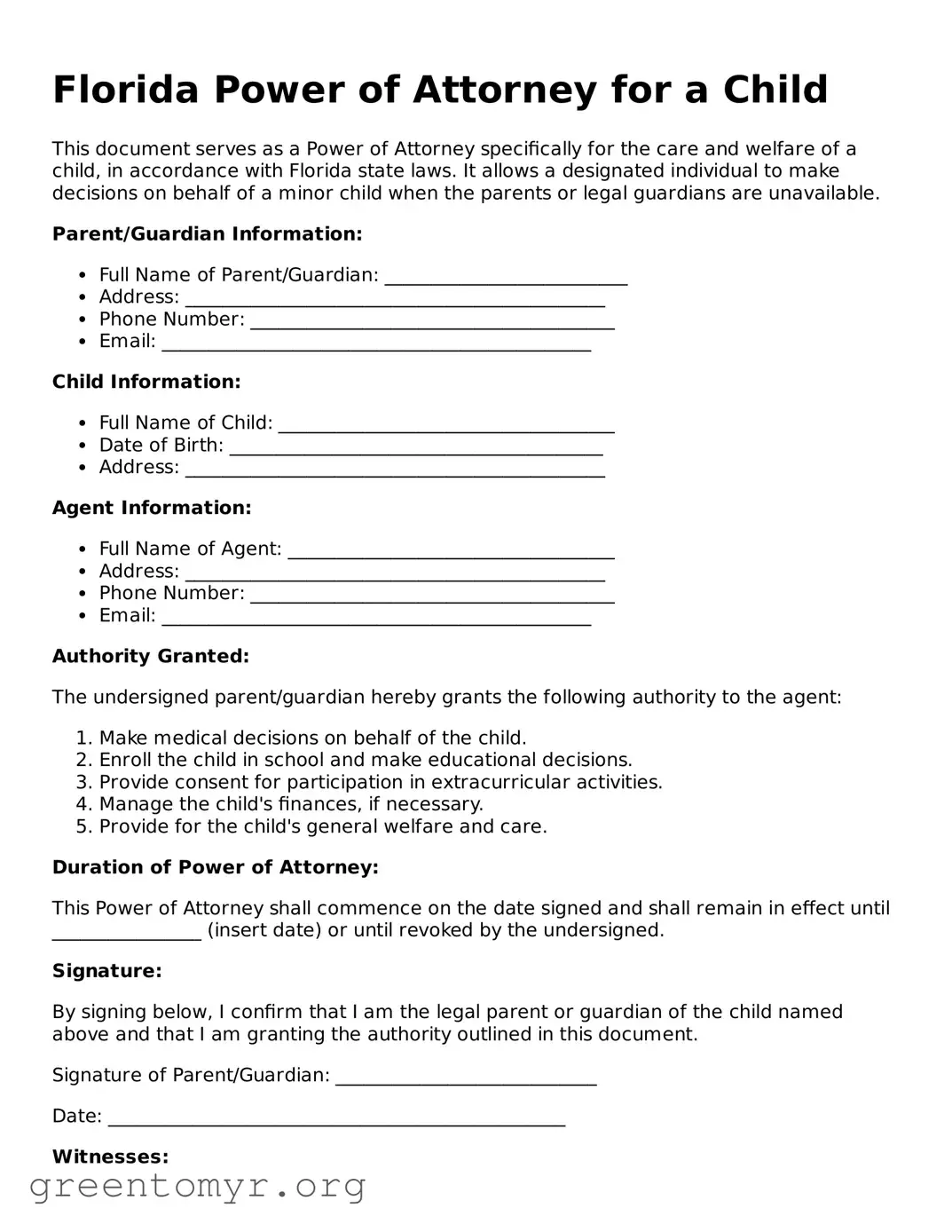 Power of Attorney for a Child Form for the State of Florida