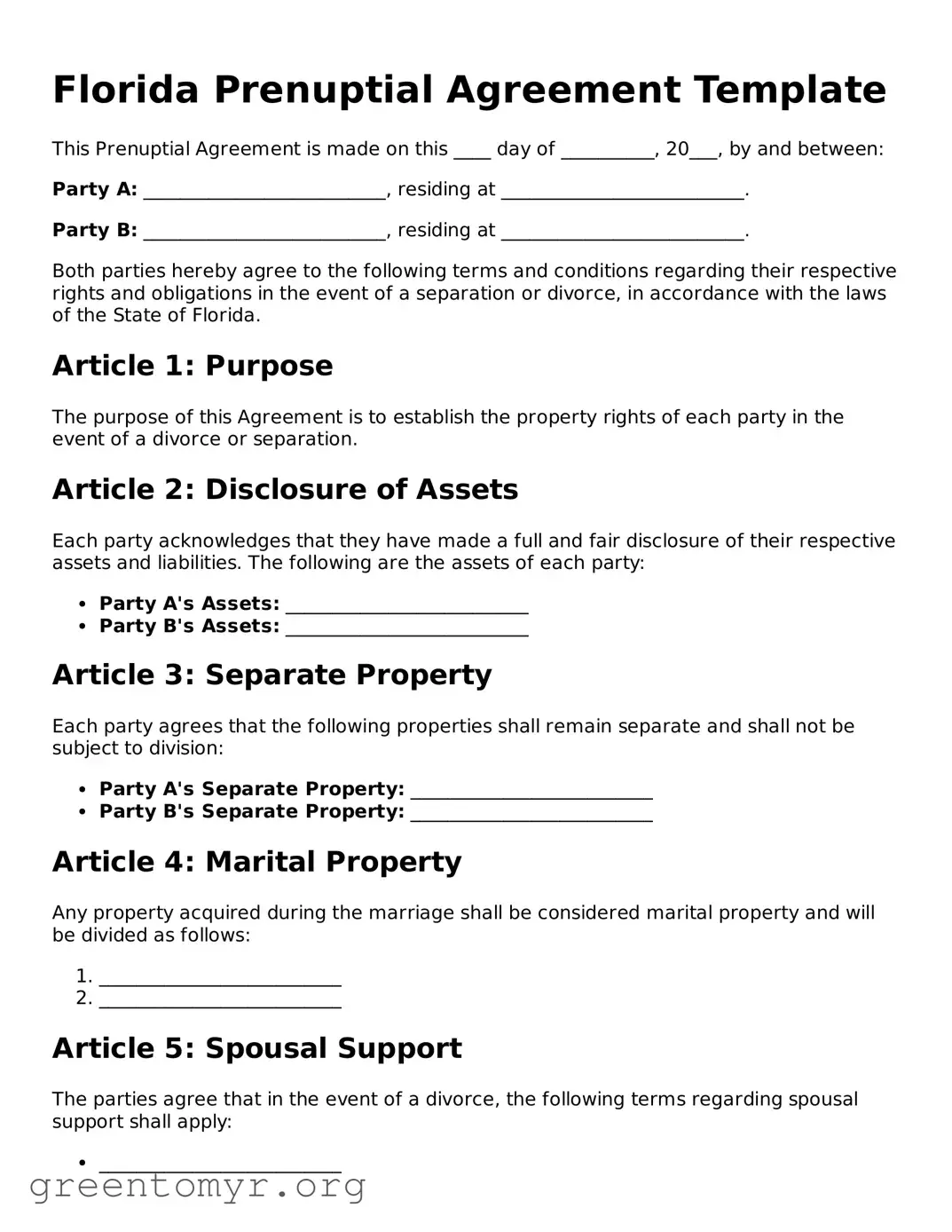 Prenuptial Agreement Form for the State of Florida