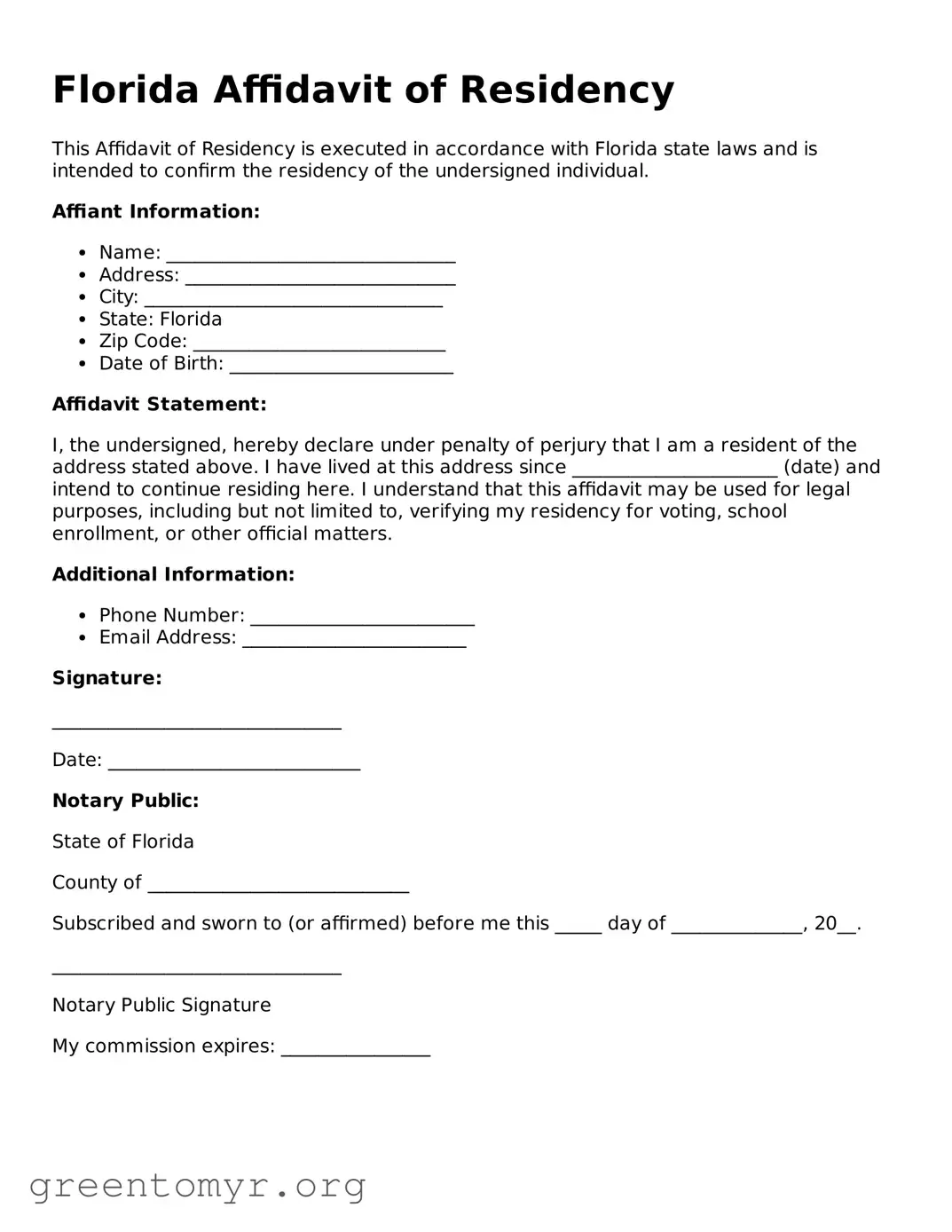 Affidavit of Residency Form for the State of Florida