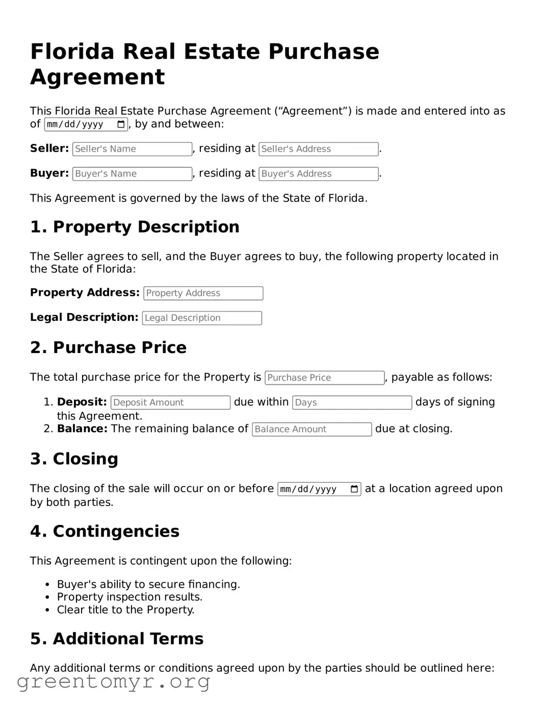 Real Estate Purchase Agreement Form for the State of Florida