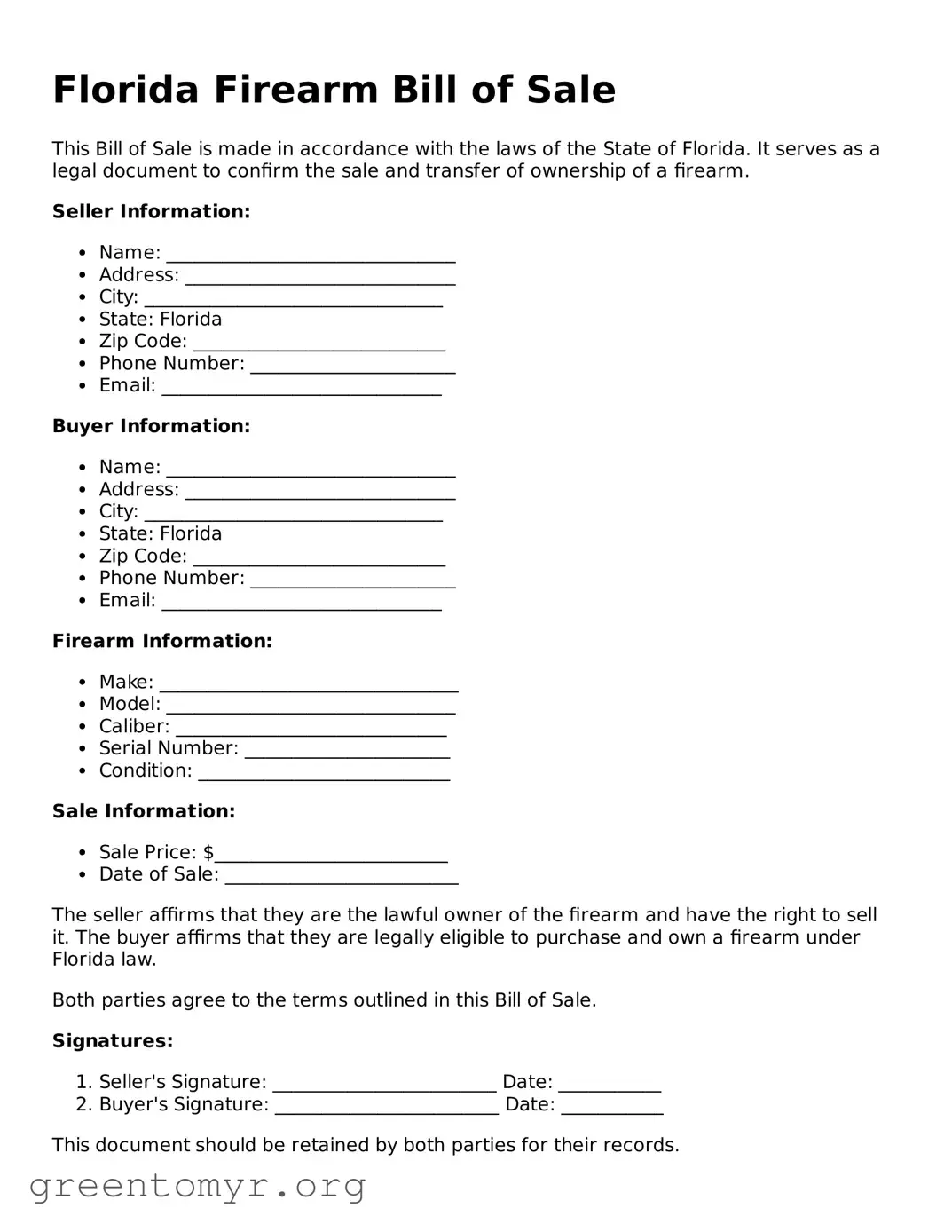 Firearm Bill of Sale Form for the State of Florida