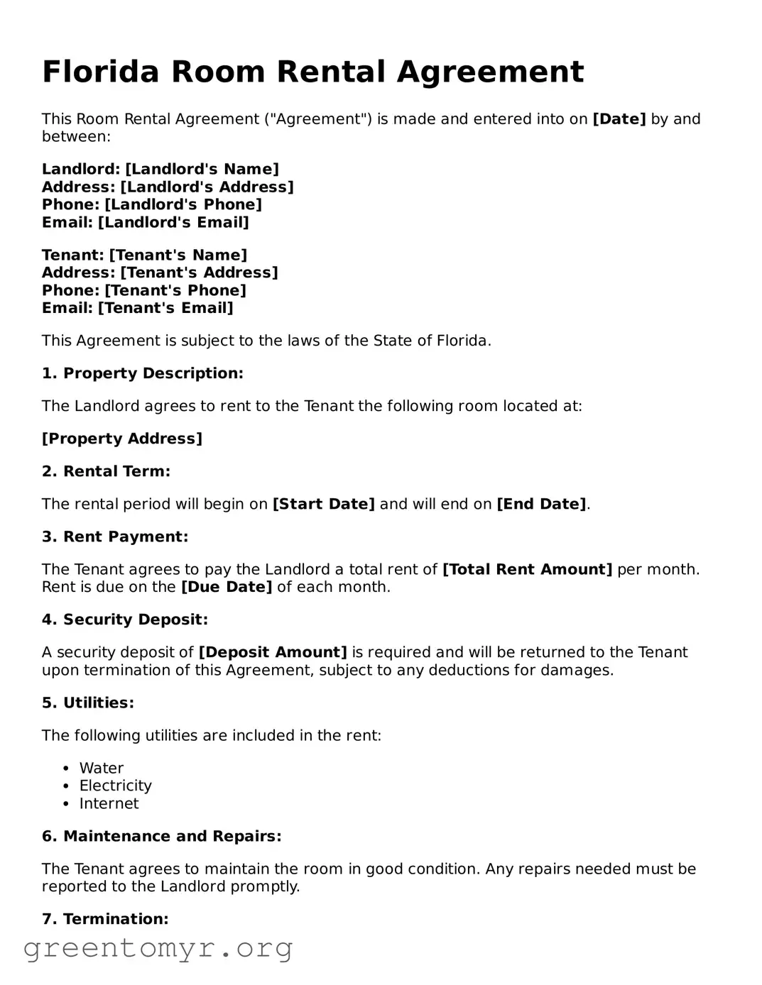 Room Rental Agreement Form for the State of Florida