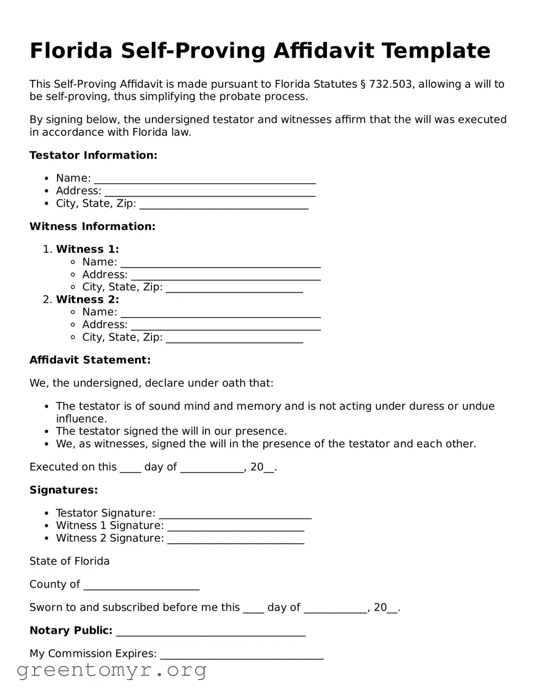 Self-Proving Affidavit Form for the State of Florida