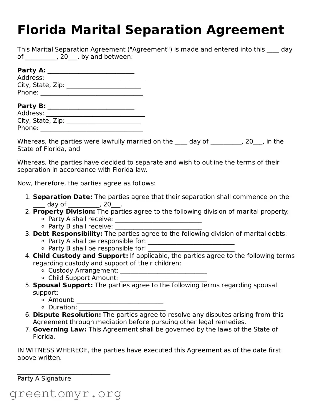 Marital Separation Agreement Form for the State of Florida