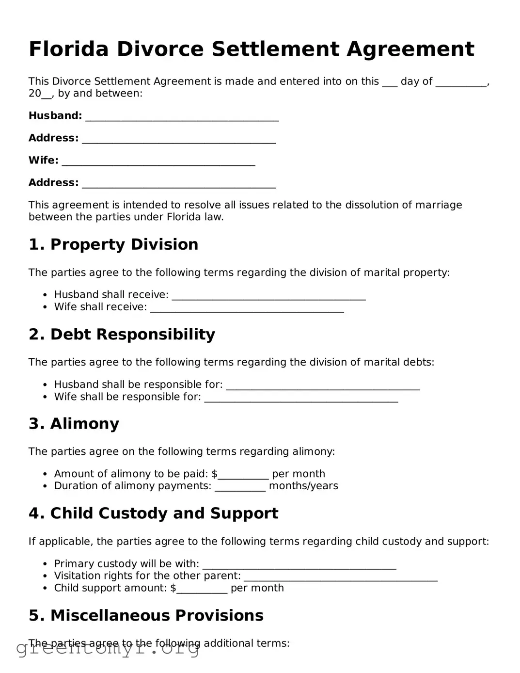 Divorce Settlement Agreement Form for the State of Florida