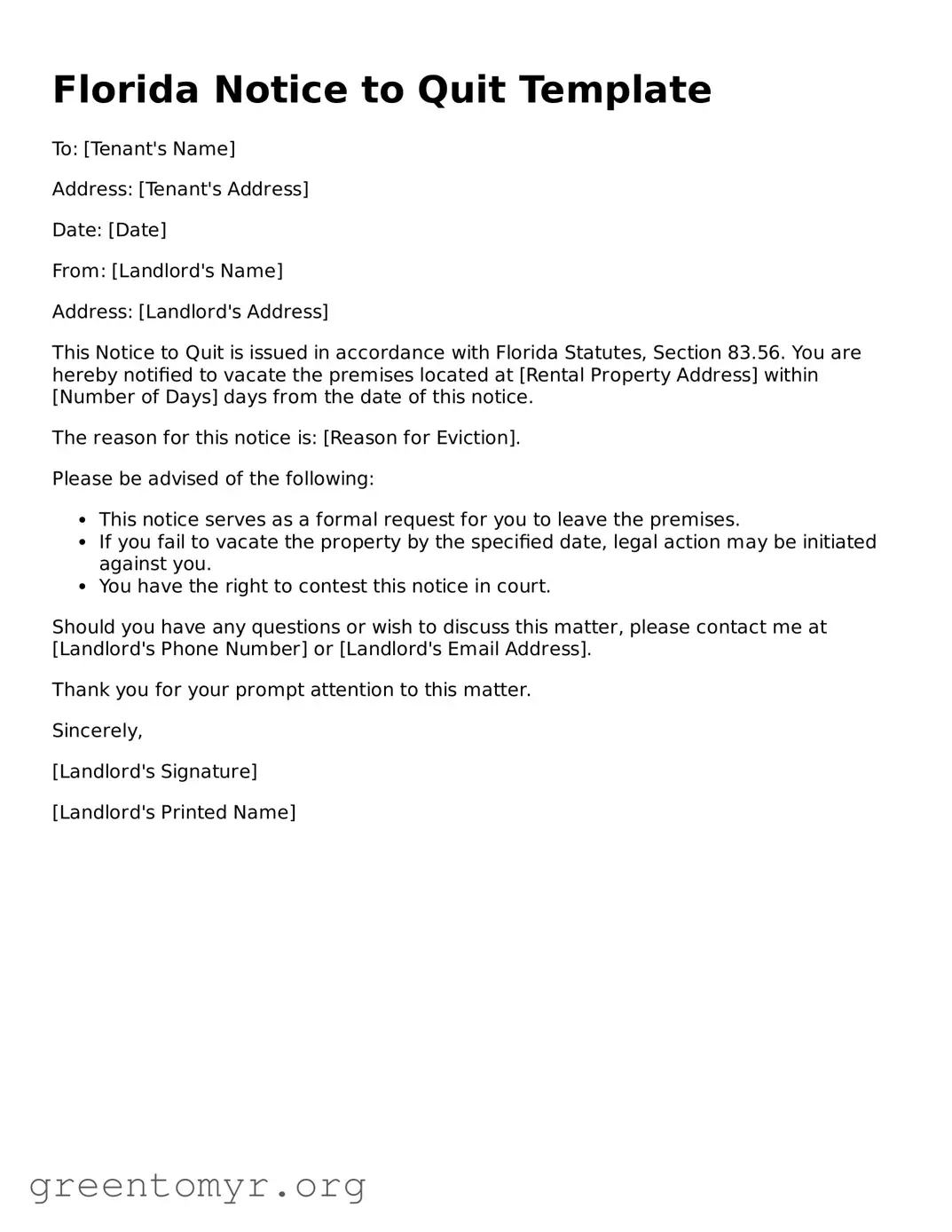 Notice to Quit Form for the State of Florida